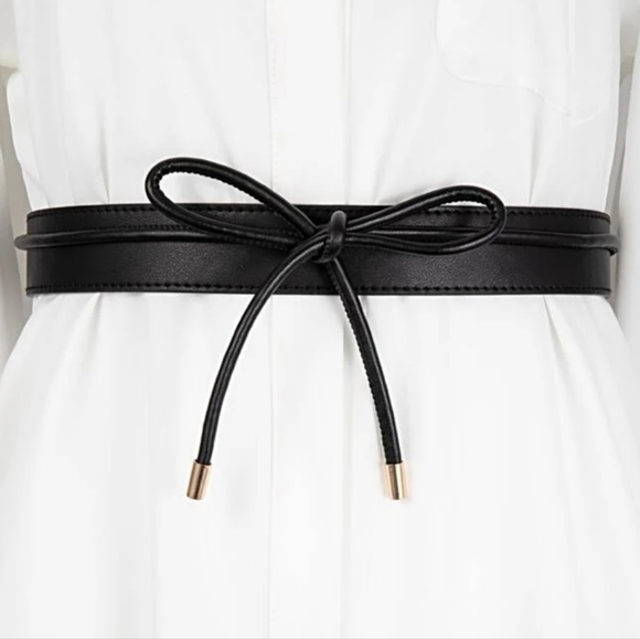 Skinny black boho faux leather waist Obi self tie vegan wrap statement belt - Picture 14 of 15